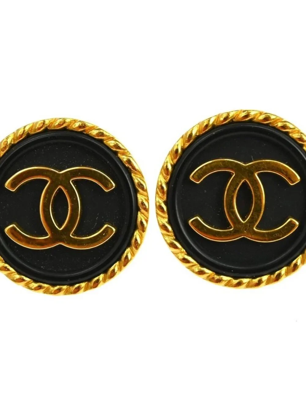 Chanel Button Earrings Clip-On Black Gold 97P NQ06212